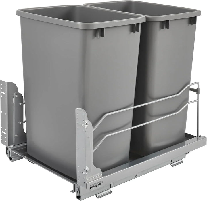 A double pull-out trash can suitable for the bottom of kitchen cabinets, with a capacity of 35 ounces (approximately 0.875 gallons), equipped with a gentle closing sliding mechanism, and in the color of Orison Gray.