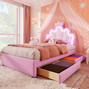 View Kinderbett Polsterbett 90x200, Kronenförmiges Prinzessinnenbett, Einzelbett mit LED und 2 Schubladen, Bettgestell für Mädchen, mit Verstellbares image 1