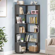 View 64.9 Inch Tall 6-Tier Corner Bookshelf, Freestanding Wood Industrial Bookcase image 3