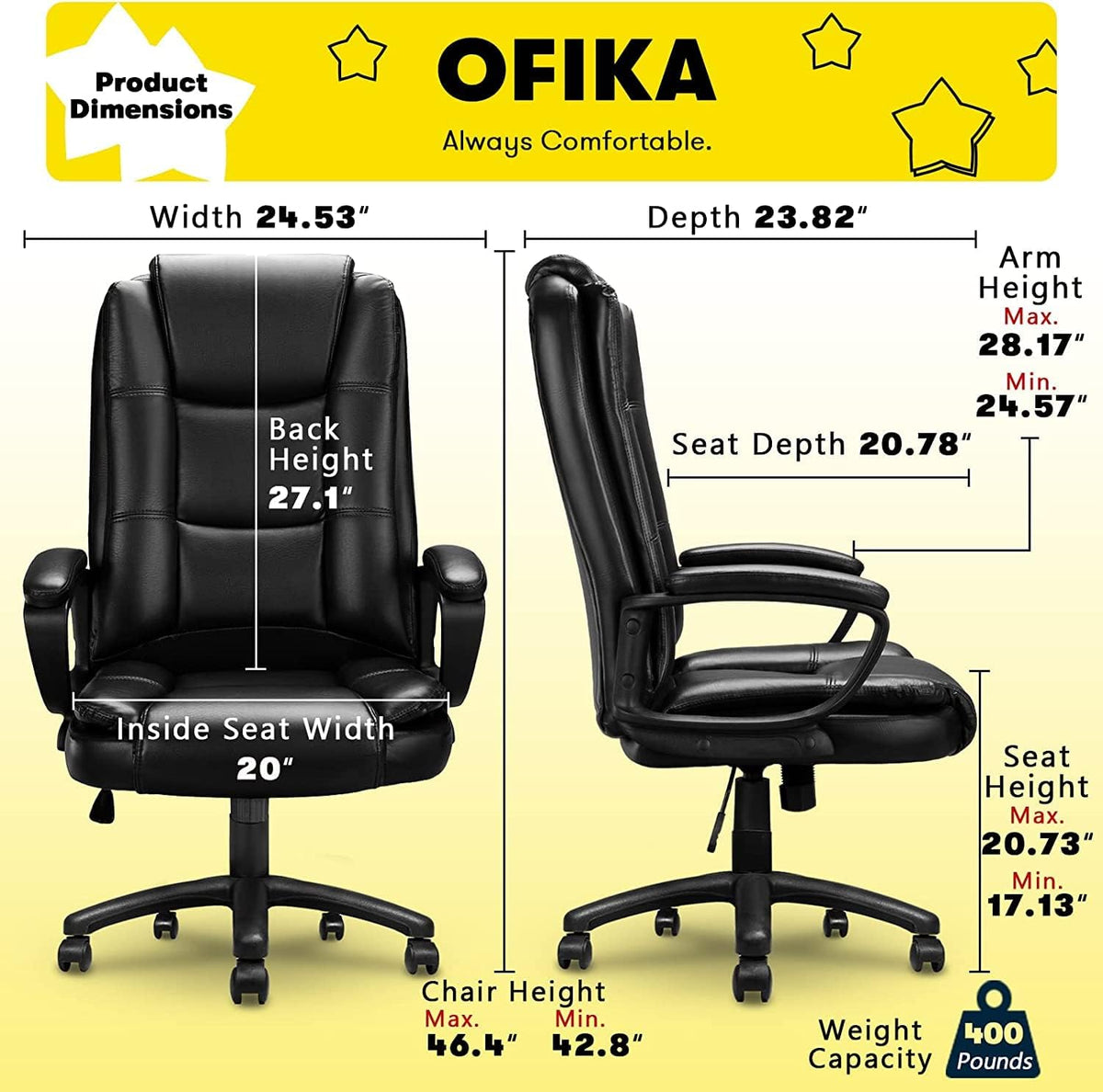 400 LBS Big and Tall Office Chair, Heavy Duty Ergonomic Computer Desk Chair for Home Office and Workspace