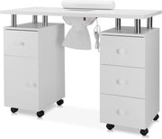 View Manicure Table Nail Desk for Nail Tech w/Electric Dust Collector & Wrist Rest, Acetone Resistant Top Beauty Salon Nail Supplies Decor Station w/Lockable Wheels, Cabinet, Drawer (White) image 1
