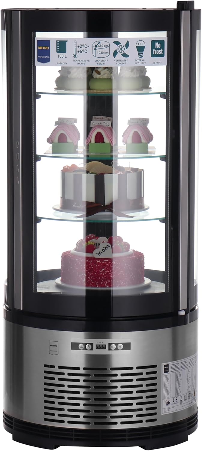 METRO Professional Kuchen-Vitrine GRV1100, Gastro, Edelstahl/Glas, 100 L, Umluftkühlung, 490W, Temperaturanzeige, automatisches Abtauen, rund, silber,