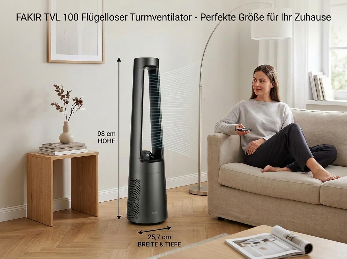 Fakir TVL 100 Flügelloser Turmventilator - DC-Motor, 12 Lüfterstufen, 30 dB(A), 60° Oszillation, 12h Timer, LED Touch Display, Fernbedienung,