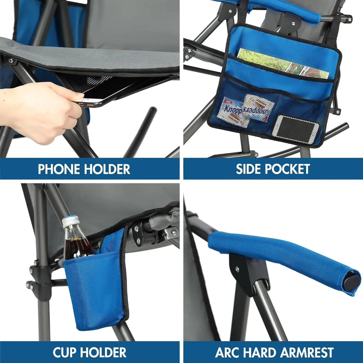 Large-sized foldable rocking chair-style camping chair. Portable outdoor rocking chair, equipped with a high back and sturdy armrests. The carrying bag can bear a weight of 300 pounds. The back of the seat has padding. The color is blue.