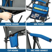 View Large-sized foldable rocking chair-style camping chair. Portable outdoor rocking chair, equipped with a high back and sturdy armrests. The carrying bag can bear a weight of 300 pounds. The back of the seat has padding. The color is blue. image 2