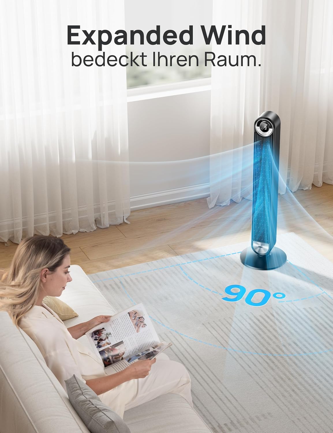 DREO 25 dB Leiser Smart Turmventilator, 106cm Höhe 4 Modi 9-Geschwindigkeit Max 7,9m/s 12H Timer 90° Oszillierender Ventilator mit Fernbedienung