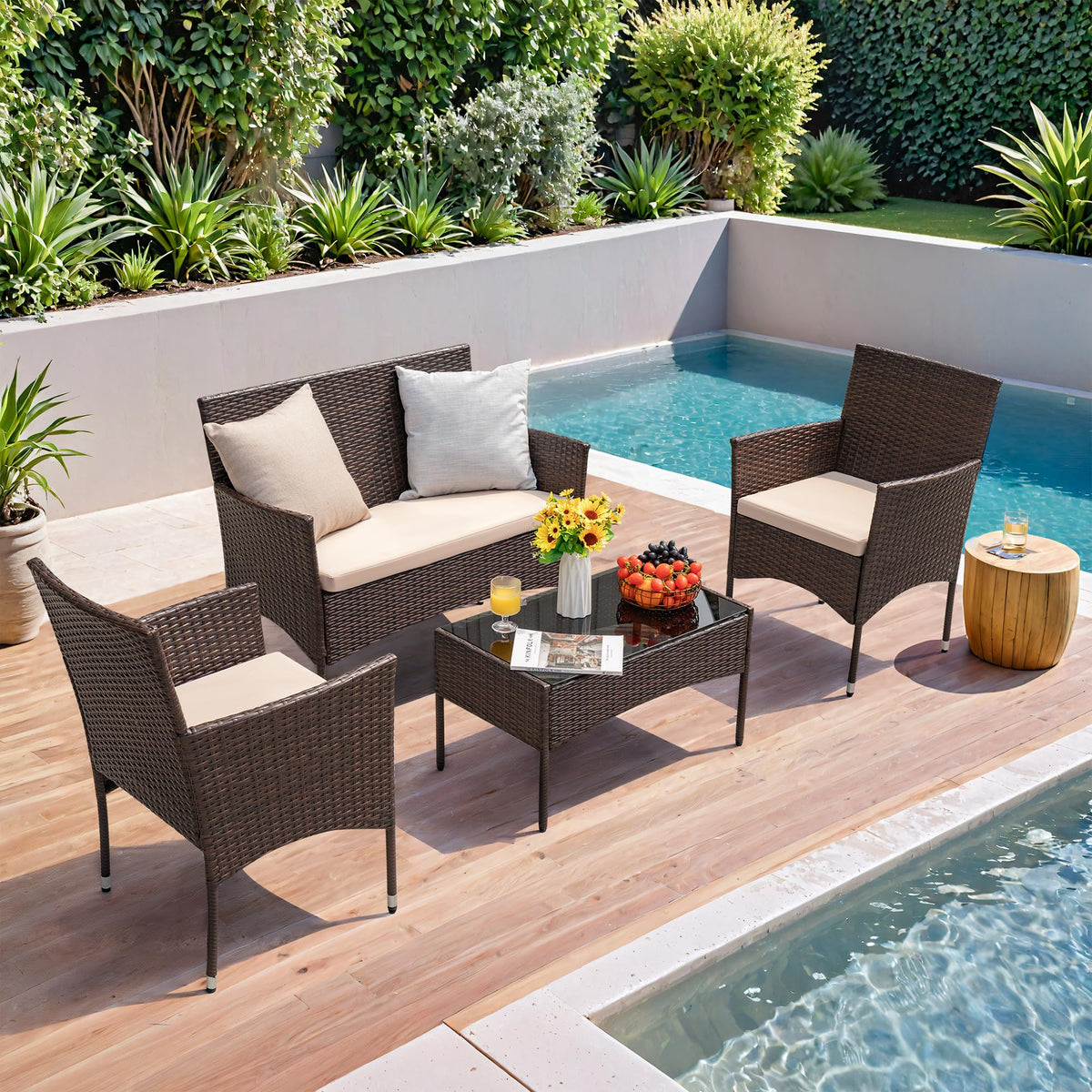 4-Piece Outdoor Patio Furniture Set, Rattan Wicker Chairs and Outdoor Seating Set
