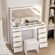 View Glass Top Vanity Desk with Mirror and Lights, 11 Drawers Makeup Vanity with Golden Handles, 3 Lighting Modes Upgraded Silent Slides Vanity Desk with Bench, Portable Mirror and Power Putlet image 2