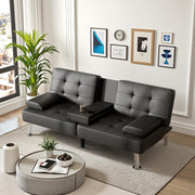 View Futon Sofa Bed Convertible Folding Futon Set Modern Recliner Lounge for Small Room & Living Room with 2 Cup Holders, Removable Armrests (Artificial Leather, Black) image 2