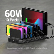 View A charging interface station with 10 USB fast charging ports and adjustable partitions, suitable for charging multiple devices such as iPads, iPhones, tablets and mobile phones - 5-piece set, black image 2