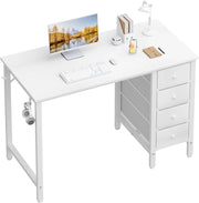 View 40 Inch Small White Desk with Fabric Drawers, Compact Computer Writing Desk for Home Office, Bedroom and Study image 1