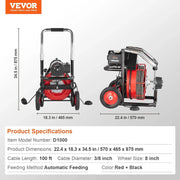 View Drain Cleaner Machine 100FT x 1/2 Inch, Auto Feed Sewer Snake Auger on Wheels, 550W Portable Drain Cleaning Machine with 8 Cutters & Air-activated Foot Switch for 2" to 4" Pipes image 4