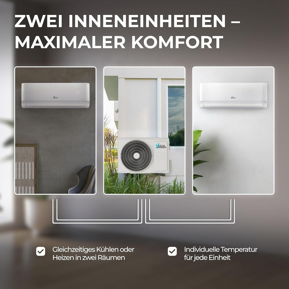 Kältebringer Multisplit Klimaanlage 2 Innengeräte - 18000 BTU - 5,3 kW - Inverter Klimagerät mit Heizfunktion, WiFi und App - sehr leise &