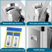 View Automatic wet umbrella packaging machine, stainless steel single-slot umbrella bag distributor bracket, equipped with 1000 long umbrella bags and warning signs, suitable for commercial shopping centers, hotels, in silver color. image 4