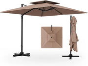 View 9.5-foot cantilevered patio umbrella, outdoor square offset umbrella, 360° rotatable, double-structured heavy-duty patio hanging umbrella, with cross base, suitable for gardens, patios, swimming pools and backyards. image 1