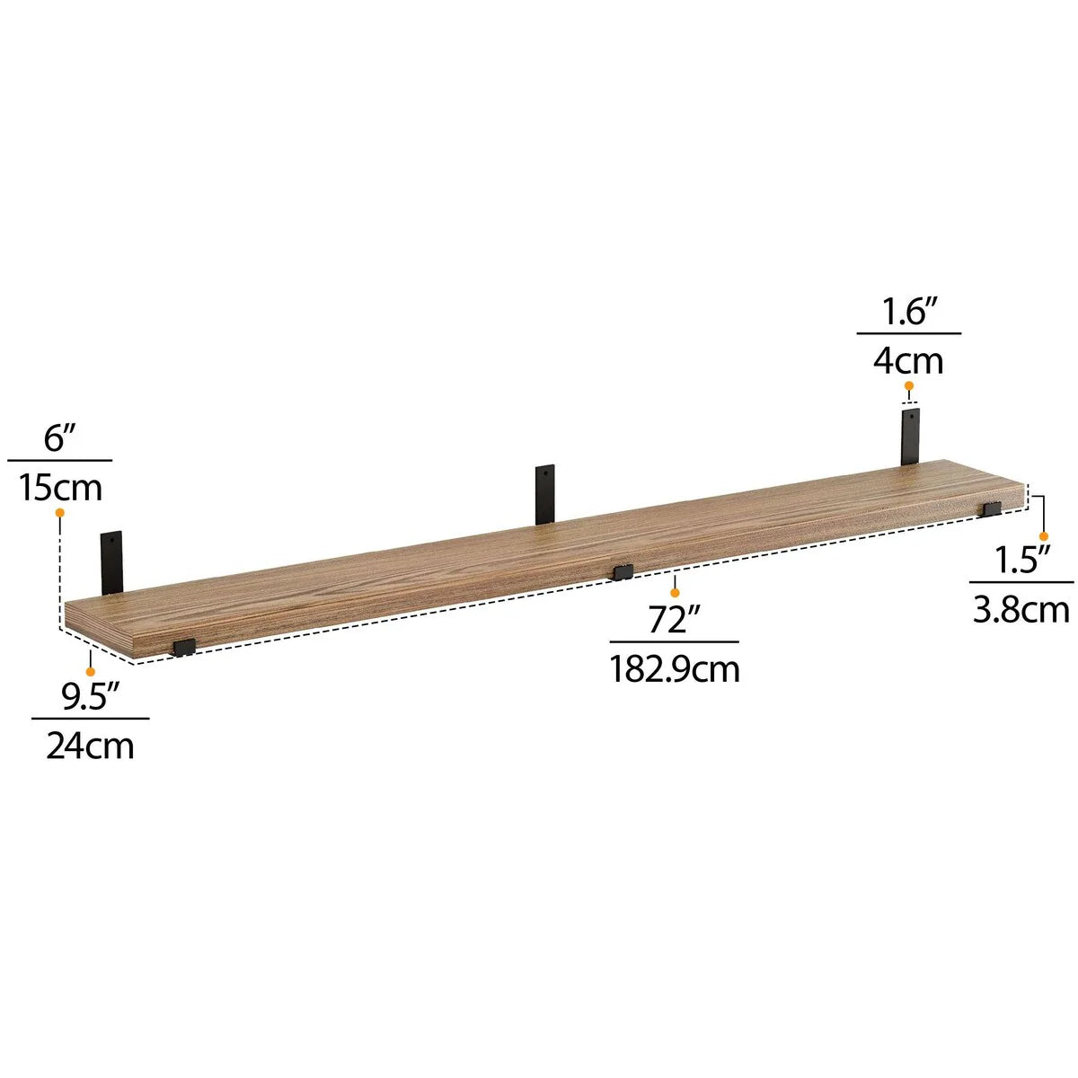 72 Inch Floating Wood Wall Shelves, Set of 2 Burnt Wood Display and Storage Shelves for Home Decor