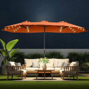 View Double Sided Patio Umbrellas - 15ft Solar Lights LED Lighted Outdoor Extra Large Market Table Umbrella with Base Included, Oversized Umbrella for Deck, Pool, Backyard (Beige) image 1