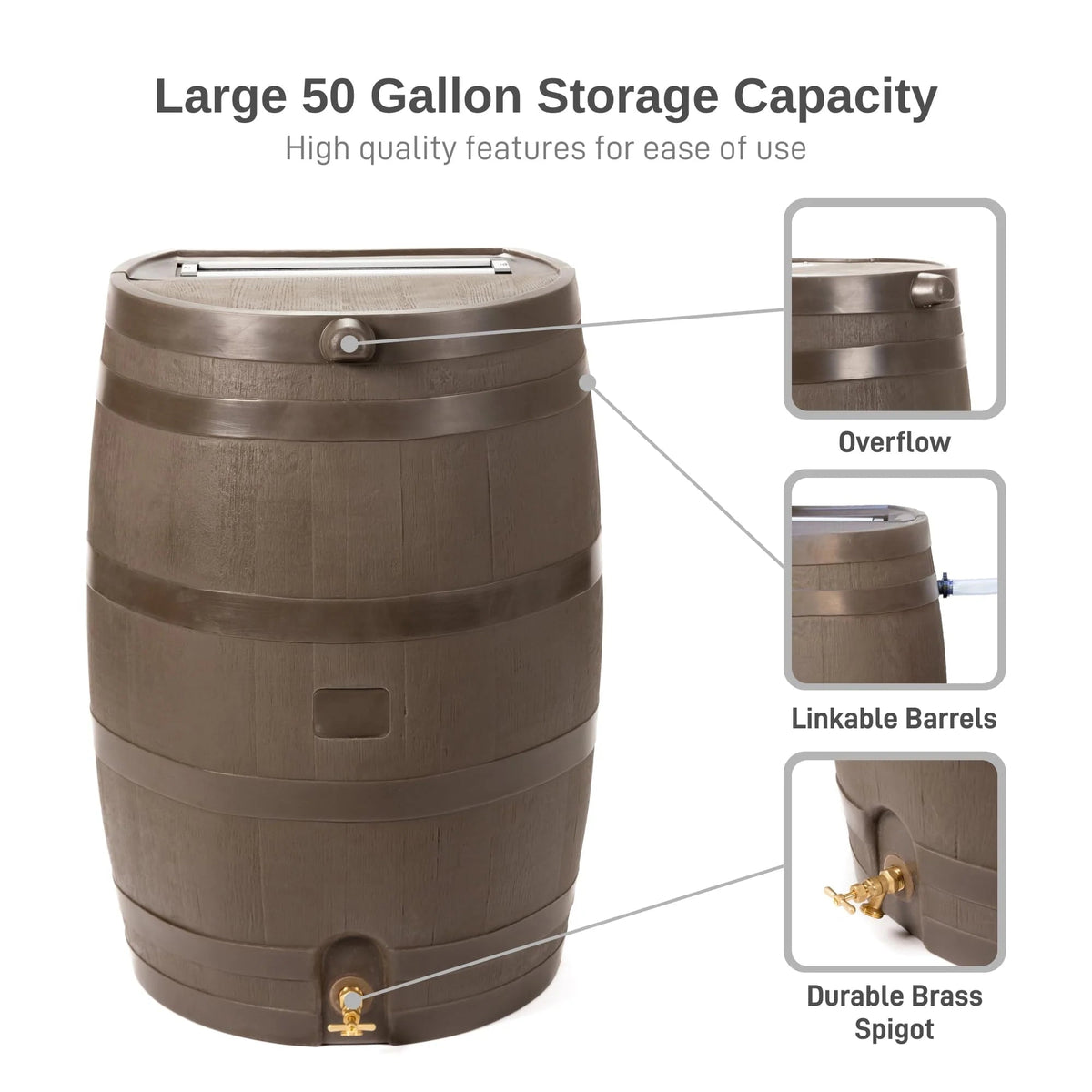 50 Gallon Rain Barrel with Brass Spigot, Walnut Rainwater Collection Barrel for Garden and Outdoor Use
