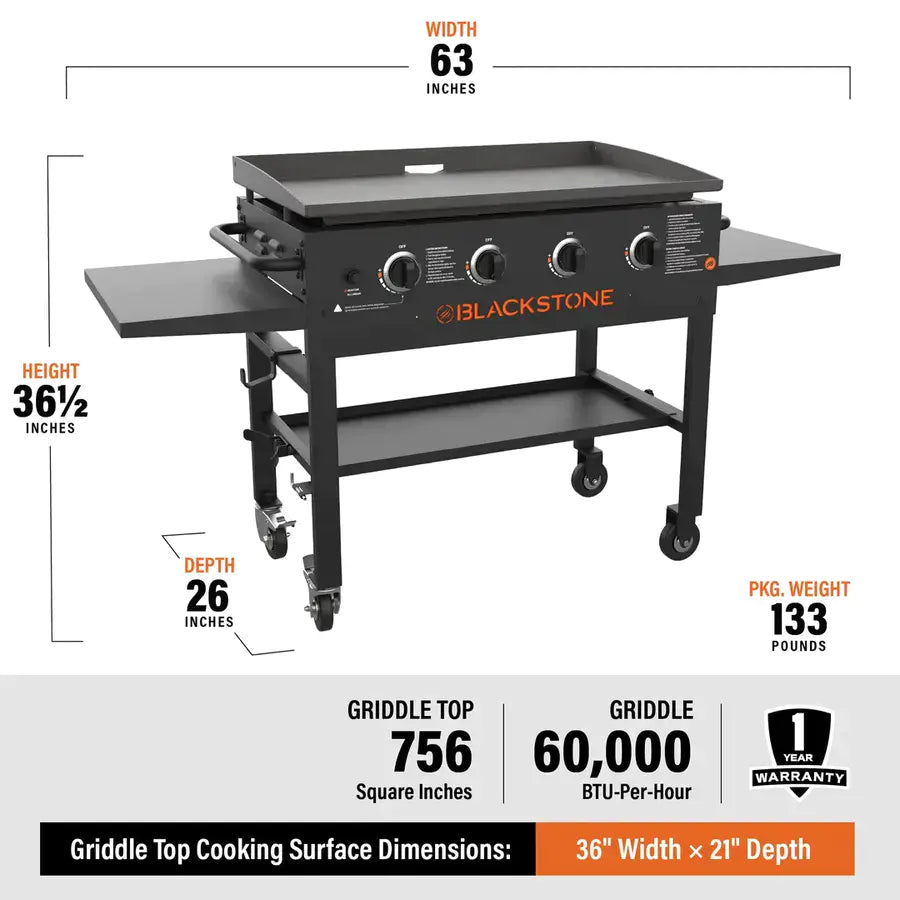 36-Inch 4-Burner Griddle Cooking Station with Side Shelves
