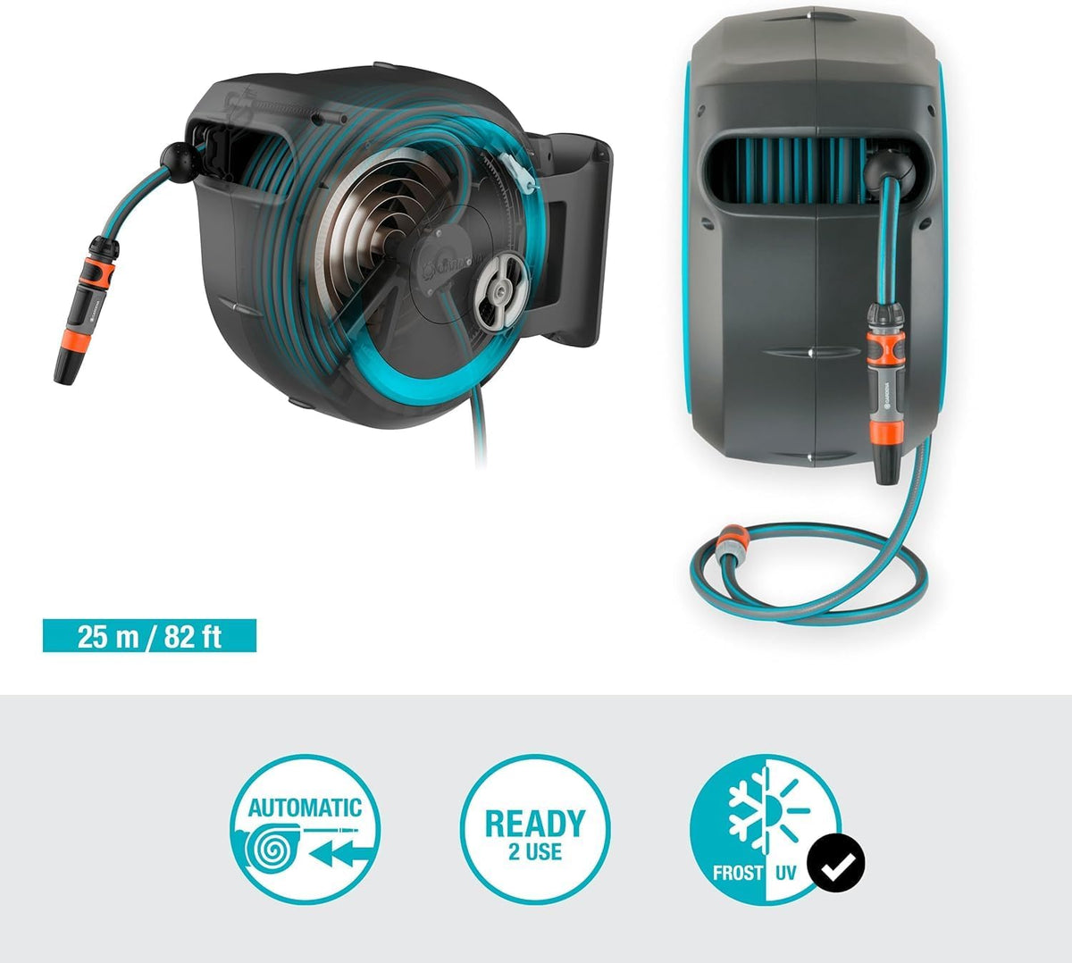 Gardena Wand-Schlauchbox RollUp M/L (türkis) 25 m: flexible Bewässerung für mittelgroße bis große Gärten, Schwenkbare, inkl. 25 m Qualitätschlauch und