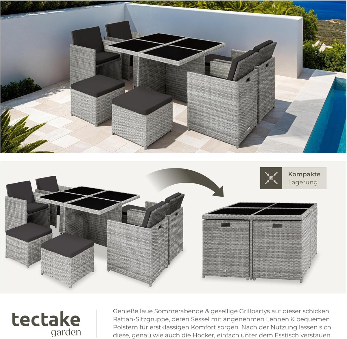 tectake Lounge Möbel Set 4X Stühle, 4X Hocker, 1x Tisch, platzsparende Cube Aufbewahrung, Outdoor Rattan Gartenmöbel für Balkon, Garten und Terrasse,