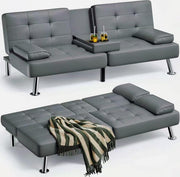 View Futon Sofa Bed, Leather Futon Couch with Removable Armrests, Adjustable Recliner Sleeper Sofa Bed with Dual Cup Holders for Living Room, Apartment, Office (Black) image 4