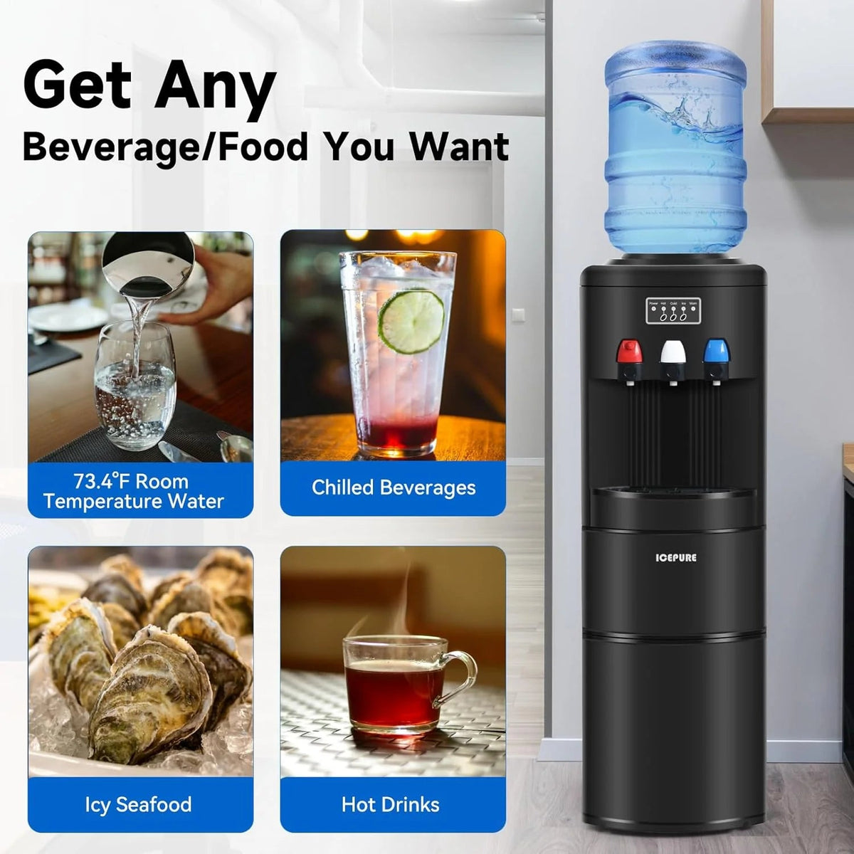3-in-1 Hot & Cold Water Cooler with Built-in Ice Maker – Top Loading for 3-5 Gallon Bottles, Child Safety Lock, Black