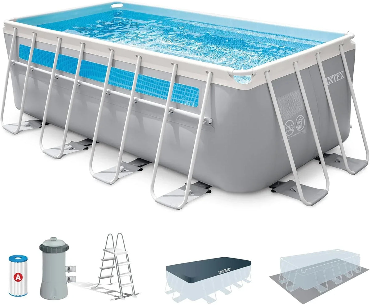 Intex Piscina Desmontable Rectangular Prism Frame, 400x200x122 cm, Material Triple Capa, Capacidad 8.418 L, Ventana panorámica, Tapiz, Cobertor,