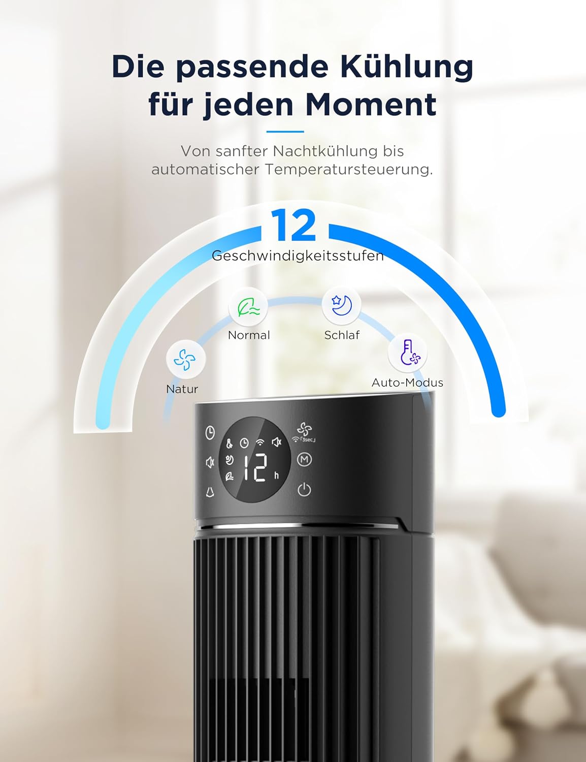 Midea FZ10-26ARDW Smart Leiser Turmventilator mit Fernbedienung, 19 dB Flüsterleise, DC-Motor, 4 Modi & 12 Stufen, 24h Timer, App-Steuerung für