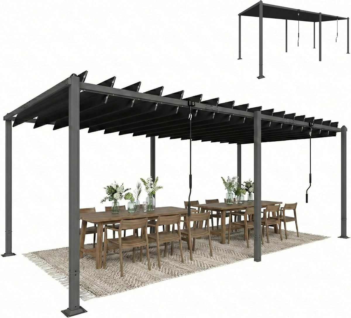 Outsunny Pérgola de Jardín 3x5,7 m, Cenador de Jardín con Techo de Lamas Ajustable a 90°, Manivela, Estructura de Aluminio, Protección UPF50+,