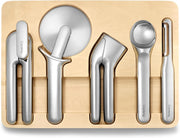 View Kitchen Tool Set - Five-piece essential kitchen items - Made of stainless steel - Includes can opener, pizza cutter, garlic press, ice cream scoop, vegetable peeler and storage organizer box image 1
