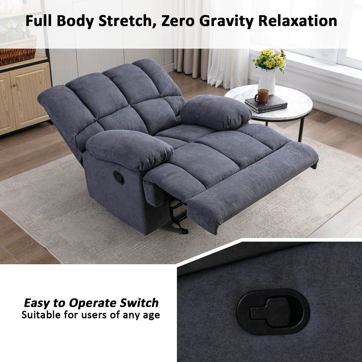 2025 Sillón mecedor sobredimensionado, sillón reclinable manual simple, sillón tapizado acolchonado, sillón mecedor para sala, asiento de teatro talla