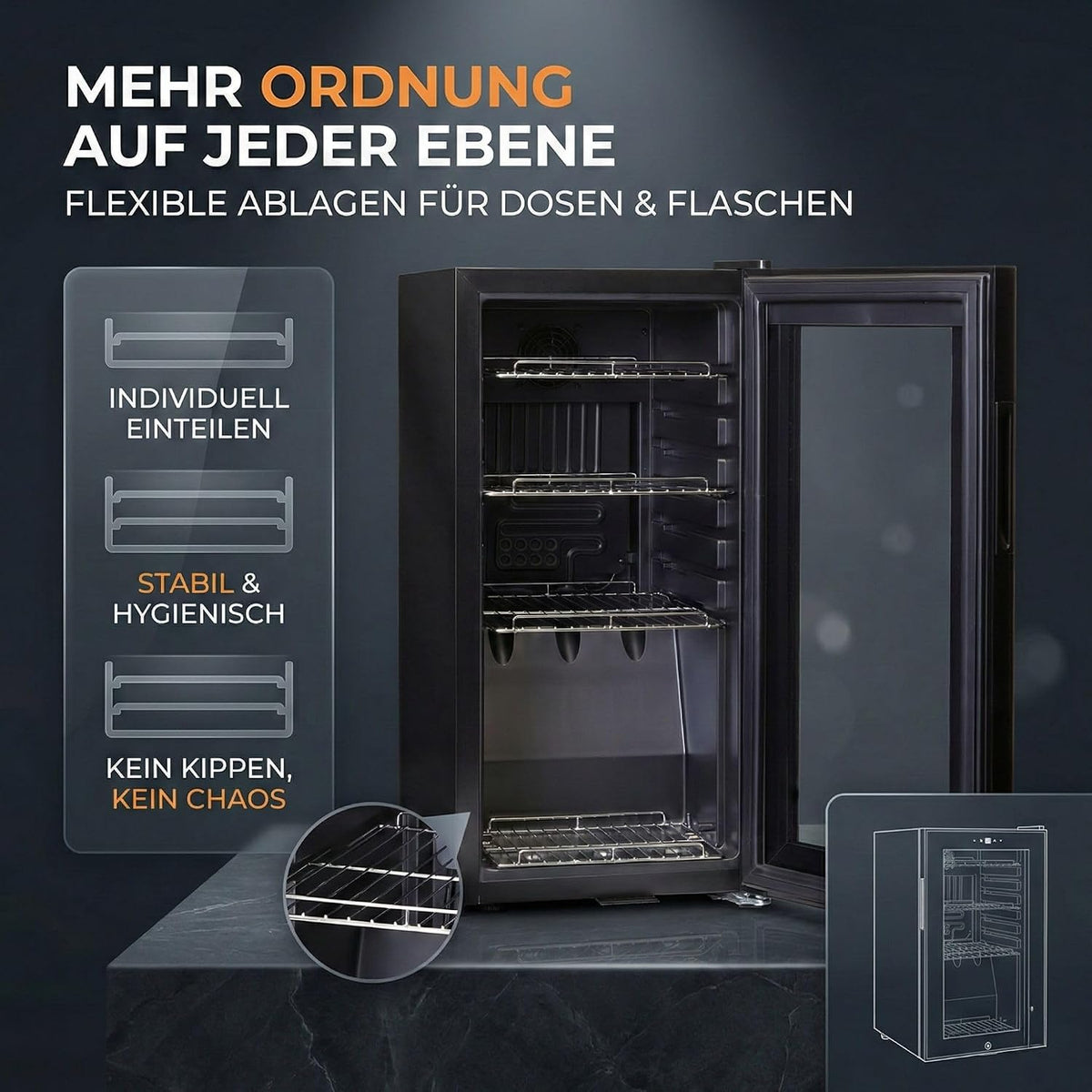 Sommertal Getränkekühlschrank 50L – Mini Kühlschrank schwarz mit Glastür, Touchscreen & LED | Kleiner Flaschenkühlschrank abschließbar & leise für