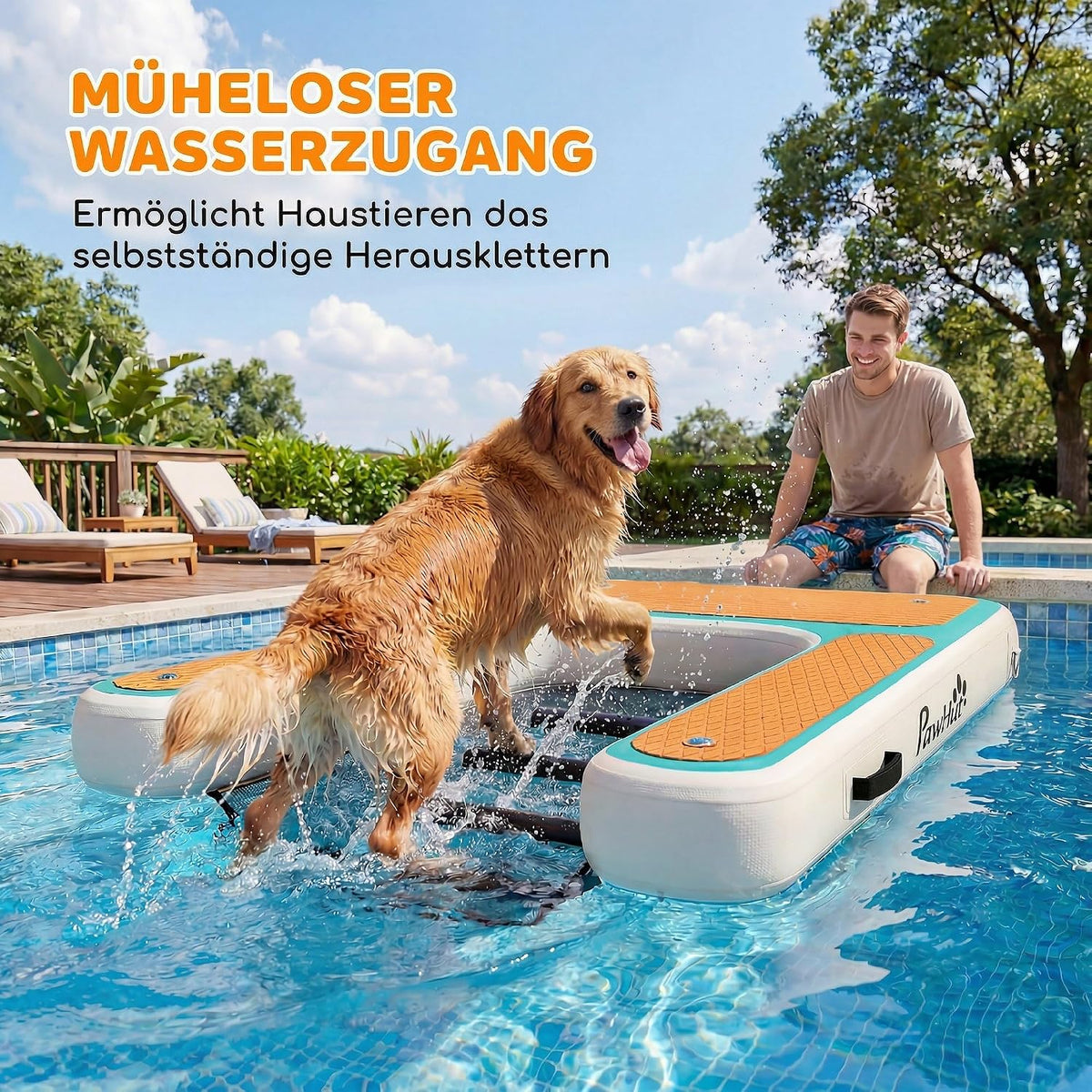 PawHut Aufblasbare Hunde Wasserrampe Hunderampe Pool 151x102 cm Tragbares Hundeboot mit Rutschfester Eva-Oberfläche Schwimmende Dock Leiter für große