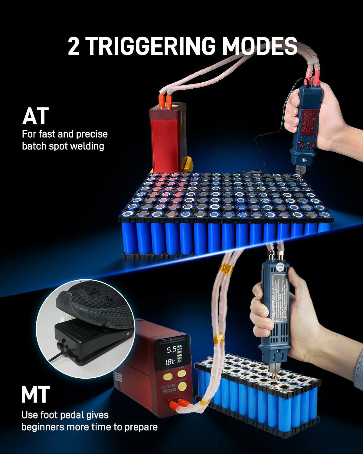 4500-watt super capacitor pulse battery welding machine, a DIY tool suitable for repairing 18650 lithium battery packs, equipped with a handle-type push welding arm and foot pedal switch, capable of continuous operation for 24 hours.