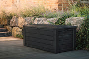 View Outdoor storage deck box, 150-gallon resin deck storage box and bench, with wood-grain design, in brown color scheme image 2