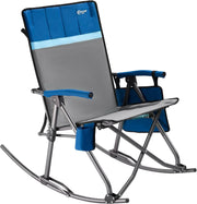 View Large-sized foldable rocking chair-style camping chair. Portable outdoor rocking chair, equipped with a high back and sturdy armrests. The carrying bag can bear a weight of 300 pounds. The back of the seat has padding. The color is blue. image 1