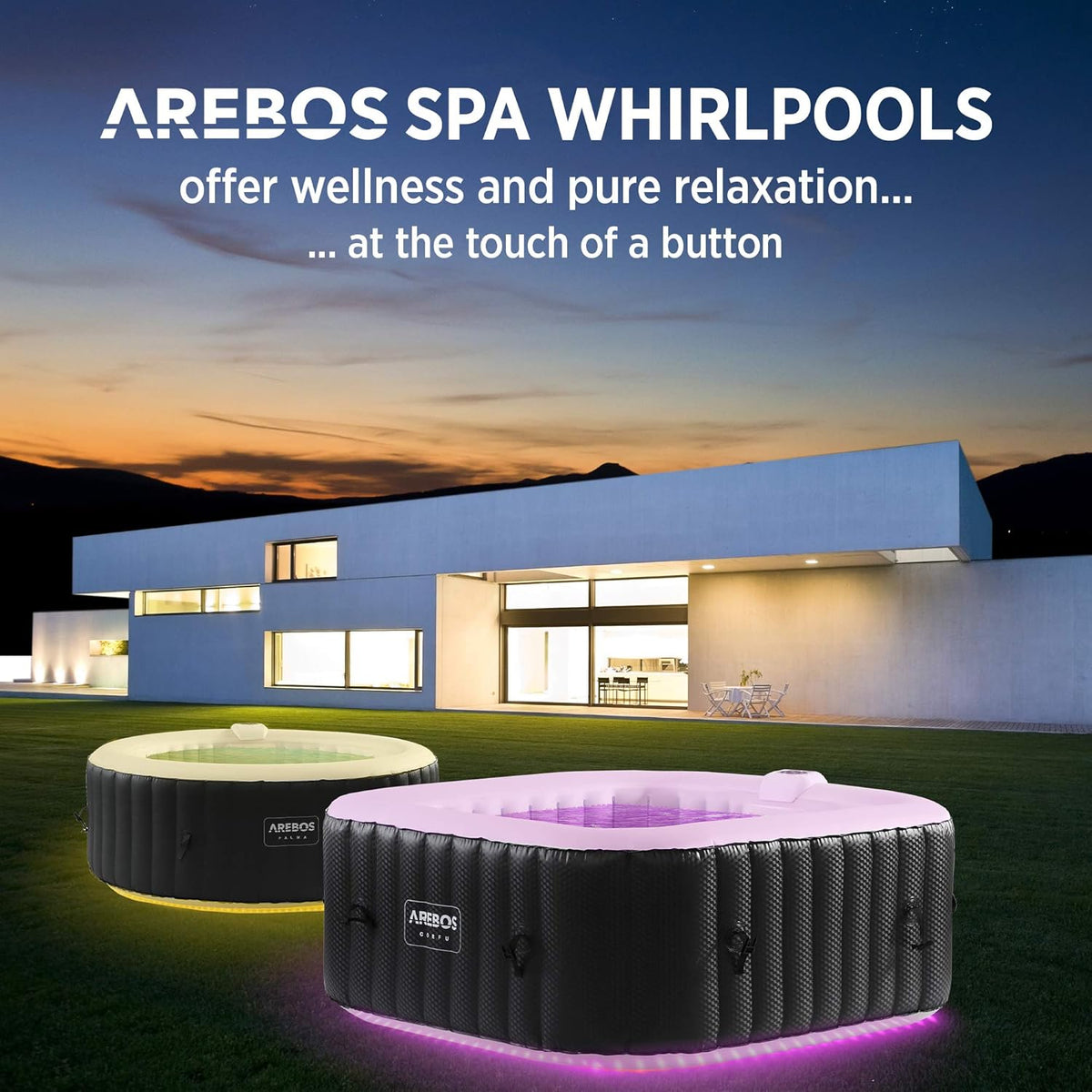 Arebos Whirlpool | 154 x 154 cm | mit LED-Beleuchtung | aufblasbar | quadratisch | In- & Outdoor | 4 Personen | 100 Massagedüsen | mit Heizung | 600 L