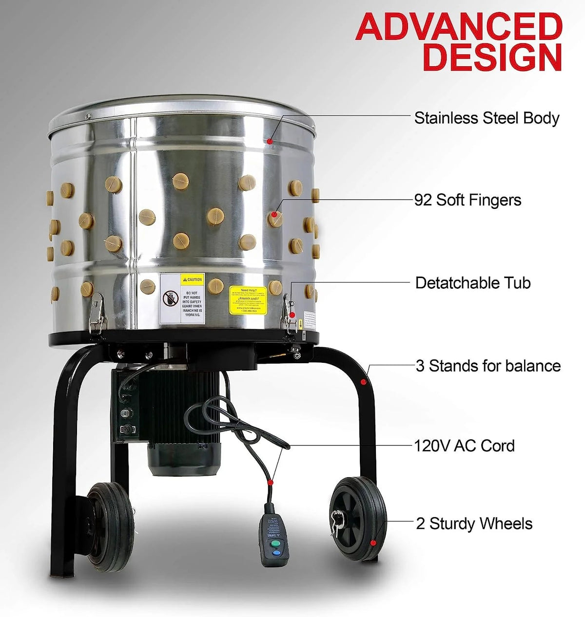 1 HP Electric Chicken Plucker, Stainless Steel, 120VAC, 280 RPM, 20-Inch Drum, 92 Soft Fingers