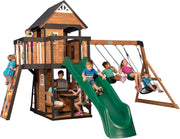 View Gorge Creek Pure Pine Swing Set, Playhouse with Barbecue Grill, Plastic Utensils, Picnic Area, Steering Wheel, Double-Padded Swing, Rock Climbing Wall, Balcony, Terrace, Mesh Swing (Green Slide) image 1