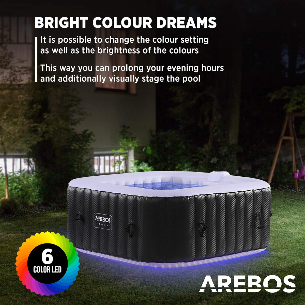 Arebos Whirlpool | 154 x 154 cm | mit LED-Beleuchtung | aufblasbar | quadratisch | In- & Outdoor | 4 Personen | 100 Massagedüsen | mit Heizung | 600 L
