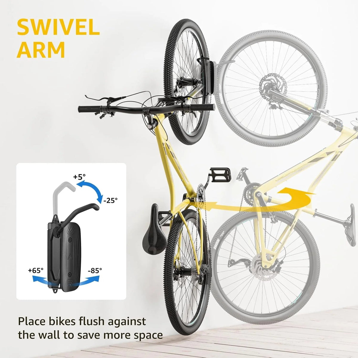 2-Pack Swivel Bike Wall Mount, Garage Bike Hangers, Holds Up to 66 lbs