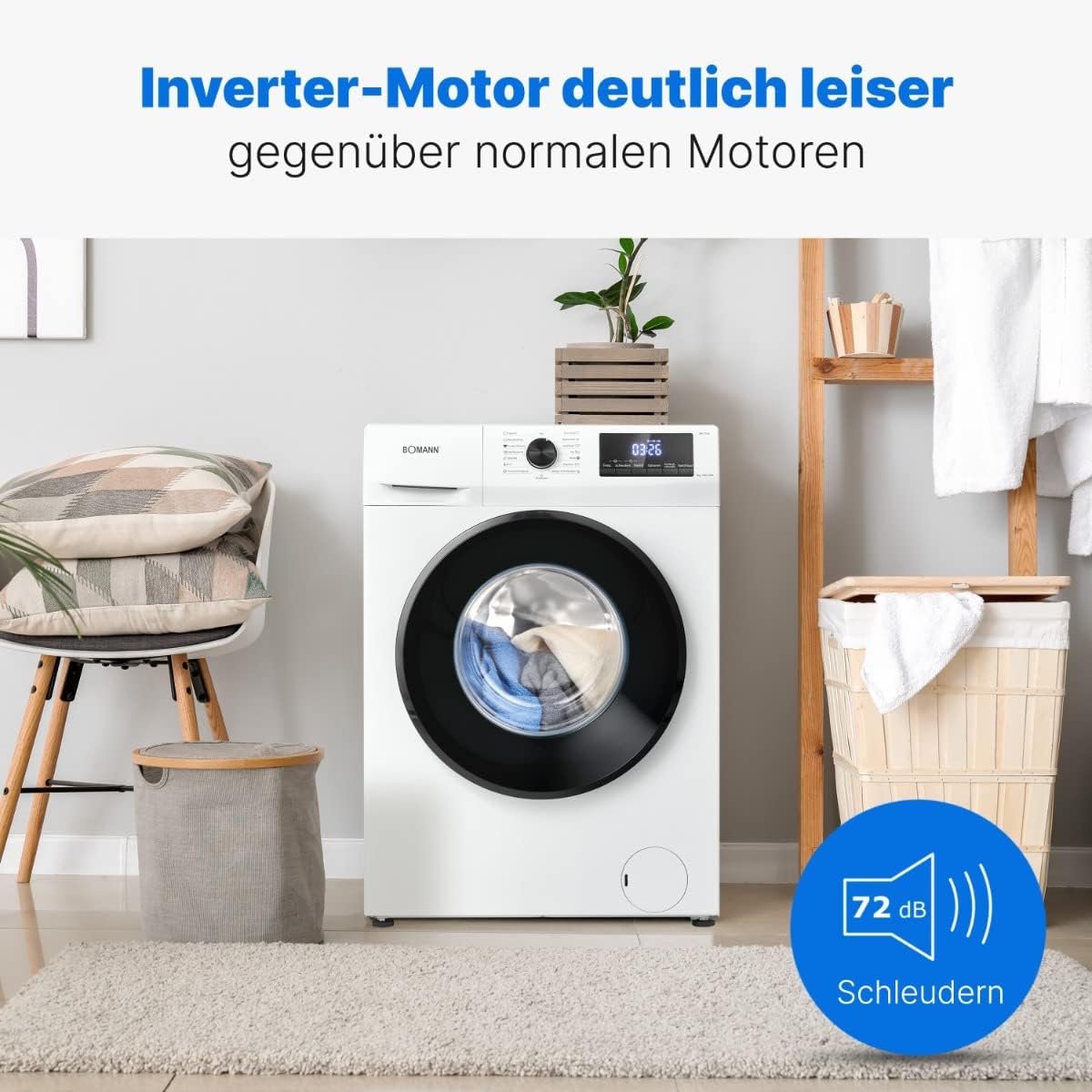 Bomann Waschmaschine 8kg | max. 1400 U/min | 10 Jahre Motor-Garantie | robuster, leiser & langlebiger Invertermotor | 15 Waschprogramme | LED-Display