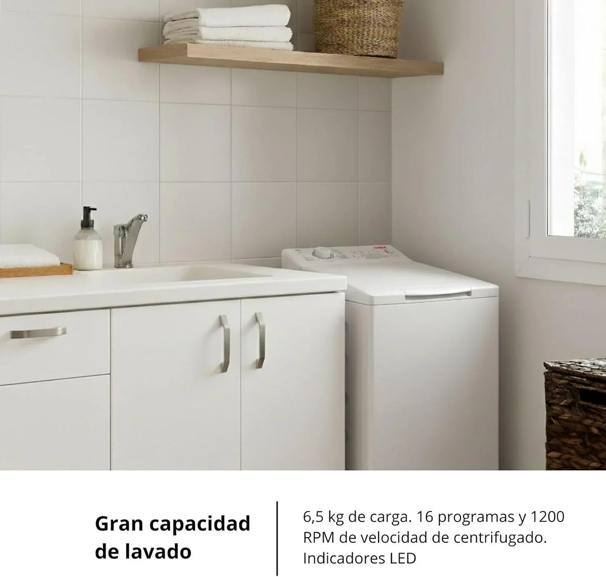 Corberó - Lavadora Carga Superior 6.5kg| CLACSM6524 | 1200 RPM | 16 Programas, Función Vapor, ECO, limpieza tambor| Inicio Diferido| Lavado Rápido |