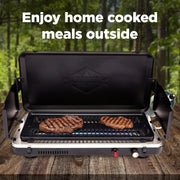 View Gas camping barbecue grill | 13,000 watts | Portable liquefied gas burner | Foldable legs and feet | Integrated igniter and built-in regulator (with stainless steel drip tray) | Windproof panel and built-in handle image 2
