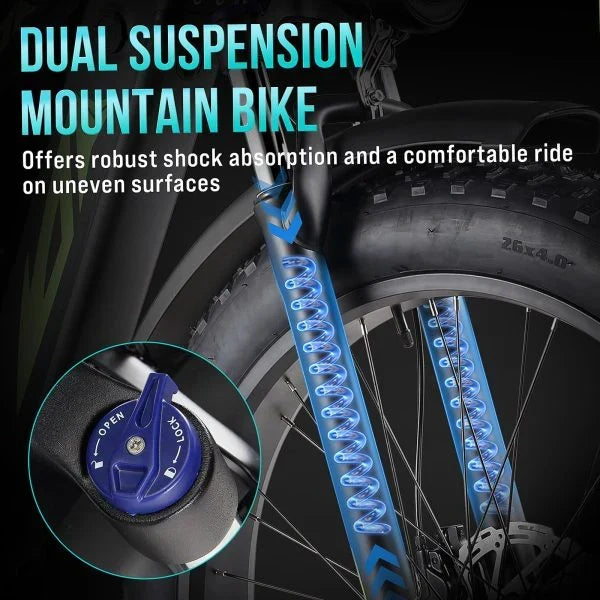Electric Bike for Adults 1000W, 48V 17.5AH Battery Adult Electric Bicycles, 26 Fat Tire Full Suspension Ebike, 28MPH Mountain Beach E Bike, 7 Speed,