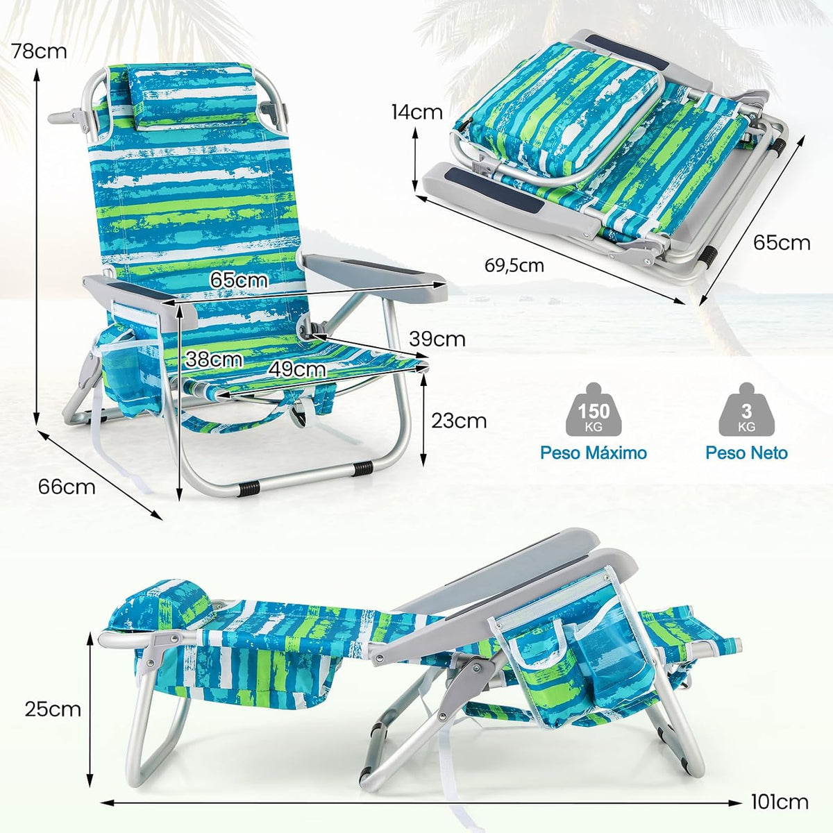 COSTWAY Silla Plegable de Playa, Tumbona con 5 Posiciones, Portavasos, Bolsillos de Almacenamiento, Correas de Hombro, Soporte para Toallas, Almohada,