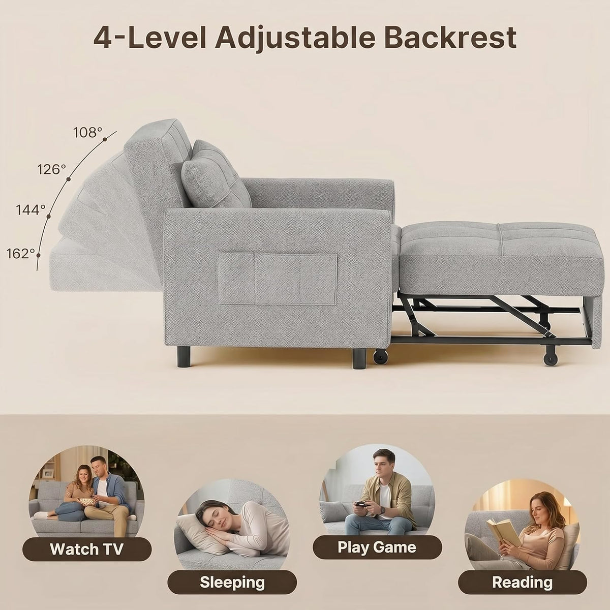 Gizoon Sofá cama 3 en 1 convertible, silla cama individual extraíble con respaldo ajustable, espaciosos sofás multifuncionales para sala de estar,