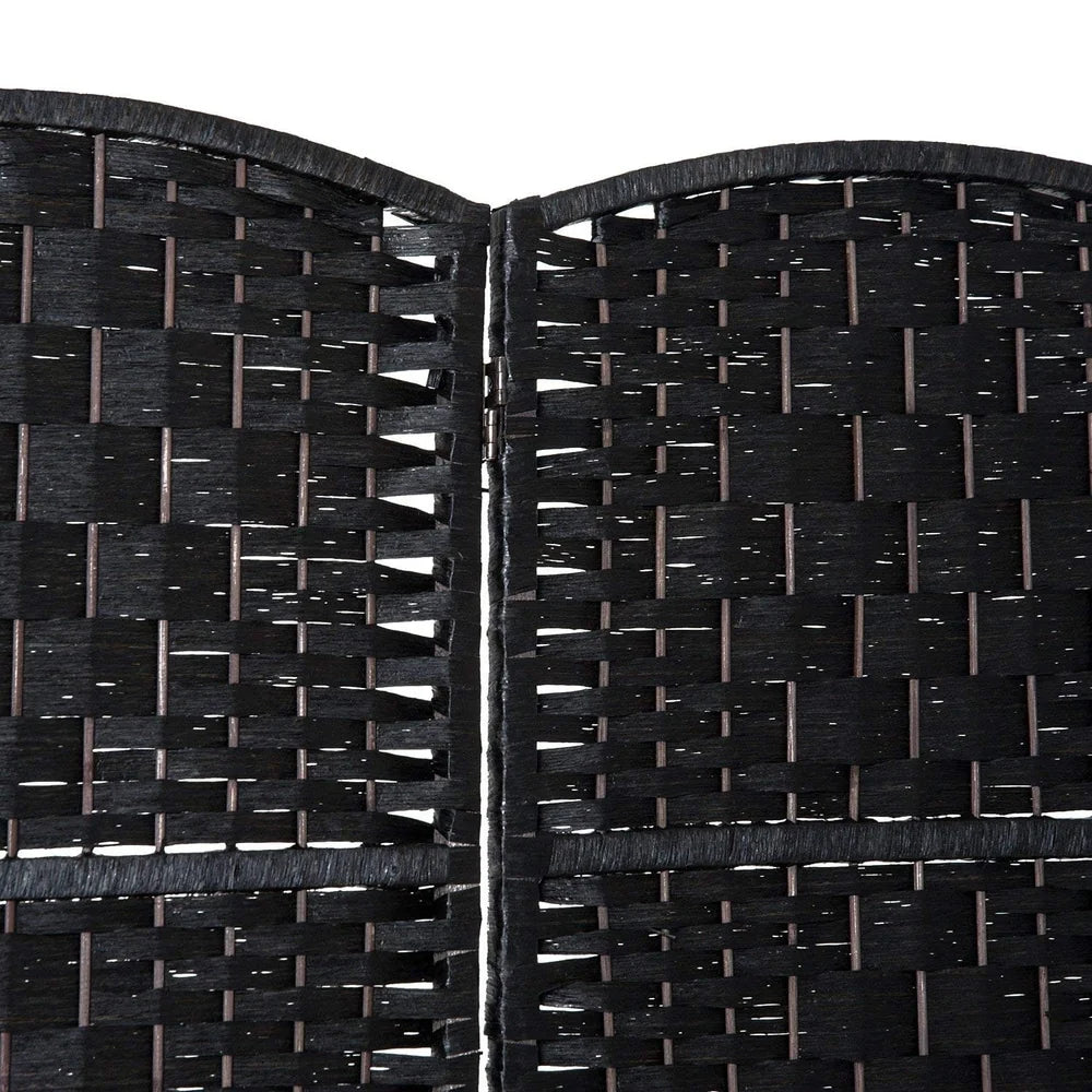 6 Ft Tall Four-Panel Wicker Weave Room Divider, Black Wood Privacy Screen