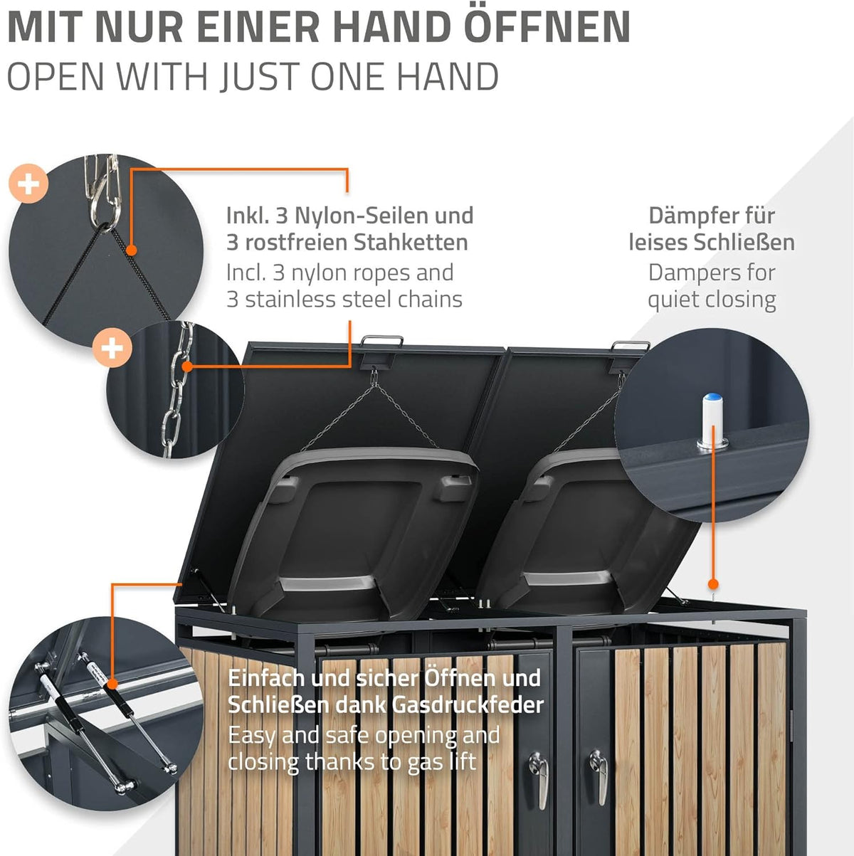 ML-Design Mülltonnenbox 3er 3 Tonnen 240L 200x80x116,3cm Anthrazit-Holzoptik, Stahl wetterfest/abschließbar Mülltonnenverkleidung Klappdeckel/3 Türen,